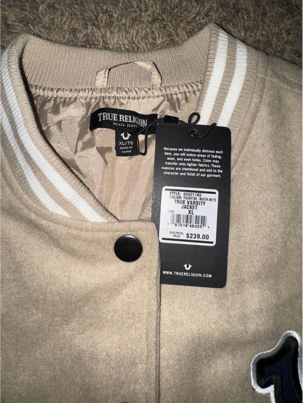 True Religion True Varsity Jacket XL Tan Beige White Snap Button Logo NEW $239